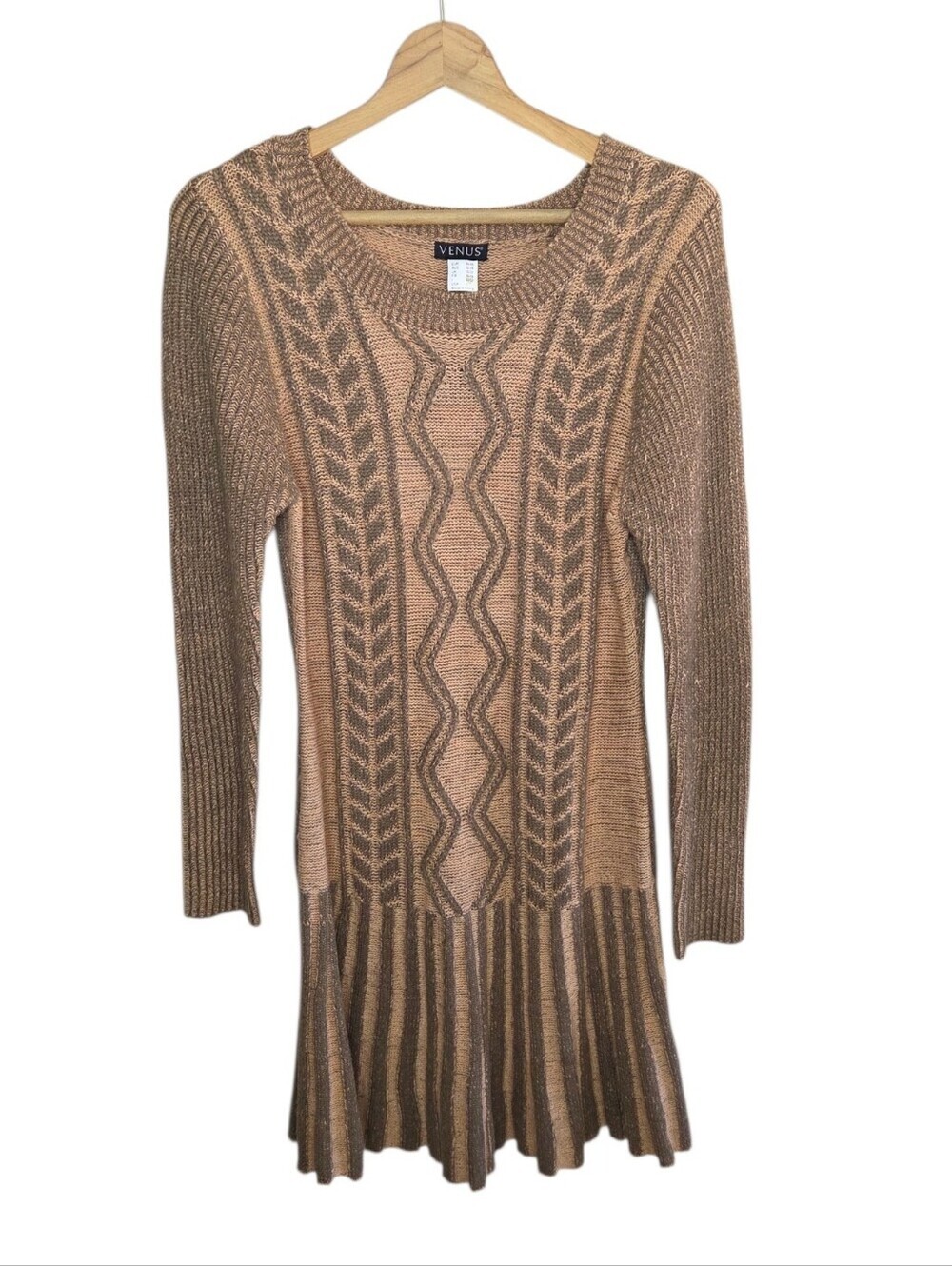 Venus Tan Brown Two-Tone Long Sleeve Cable Knit Sweater Dress Size Large Boho
